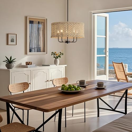 5-Light Rattan Chandelier for Dining Room, Boho Chandelier, Coastal Hand Woven Pendant Light Fixture for Kitchen Island Entryway Foyer Living Room Bedroom UL Listed Black - color: Black, size: 17.7"