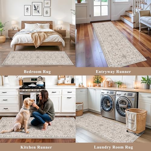 2x6 Washable Kitchen Runner Rug – Boho Vintage Non-Slip Carpet Runner for Hallway, Entryway, Bedroom & Bathroom – Soft Low-Pile Thin Area Rug with Rubber Backing (Beige,2x6) - color: Beige, size: 2' x 6' (Rectangular)