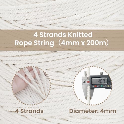 220 Yards Macrame Cord 4 Strand Twisted Recycled Cotton 4mm Beige String for Crafts Wall Hangings Plant Hangers DIY Knitting Macrame Supplies - color: Beige, size: 4mmx220Yards