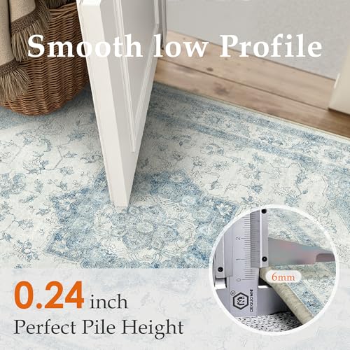 PureCozy Blue Runner Rug 2x6 Washable Vintage Carpet for Hallway Kitchen Soft Retro Low Pile Thin Indoor Runner Non Slip Oriental Medallion Long Throw Rug for Bathroom Bedroom Laundry Dining Room - color: Blue, size: 2' x 6' (Runner)