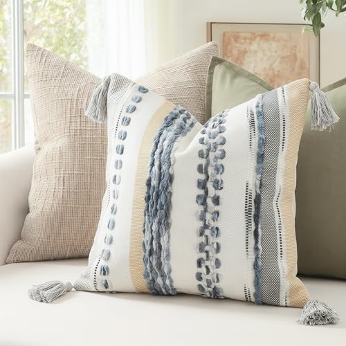 PANOD Chenille Farmhouse Throw Pillow Covers 18 x 18 Grey, Neutral Boucle Couch Pillow Cover, Striped Decorative Boho Coushion Cover Pillow Case for Couch Bed Sofa Bedroom,Modern Accent,Set of 2 - color: Grey Tone, size: 18" x 18" (Pack of 2)