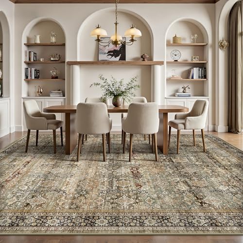 9x12 Area Rugs for Living Room - Washable Vintage Retro Large Rug, Soft Ultra Thin Non Slip Low Pile Traditional Distressed Boho Carpet for Bedroom Dining Room Home Office, Charcoal Olive - color: B-charcoal / Olive, size: 9x12