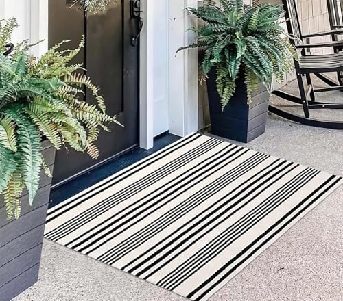 Black and White Striped Doormat 24'' x 35'' Front Porch Rug Machine Washable Indoor Outdoor Doormat for Front Porch Hand-Woven Entryway Rug for Laundry/Bathroom/Bedroom - color: White Striped, size: 2' x 3' (Rectangular)