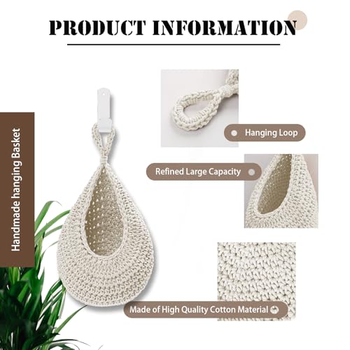 Boho Decor Hanging Fruit Baskets for Kitchen, 3 Pack Handwoven Teardrop Wall Hanging Baskets with Hooks, Storage for Fruits, Onions, Vegetables & Potatoes, 3 Sizes for Home, White - color: Large-White