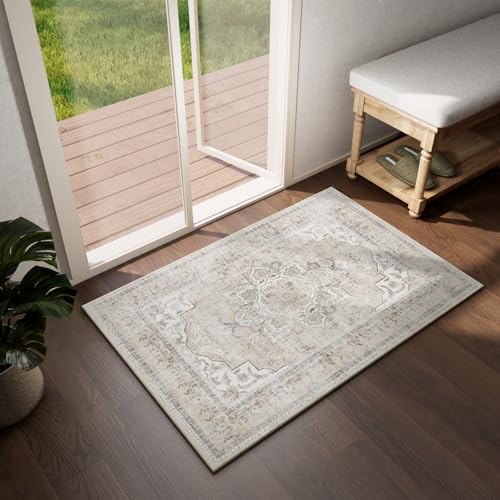 2x3 Washable Area Rugs for Entryway: Boho Small Rug Non Slip Door Mat Indoor Entrance Soft Low Pile Faux Wool Throw Rugs for Inside Front Door Floor Entry Bedroom Bathroom Kitchen Nursery Kids Room - color: Beige White and Black, size: 2' x 3' (Rectangula