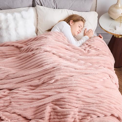 NEWCOSPLAY Super Soft Queen Blanket Pink Premium Silky Flannel Fleece 3D Ribbed Jacquard Lightweight Bed Blanket All Season Use (Pink Ribbed, Queen(90"x90")) - color: Pink Ribbed, size: Queen(90"x90")