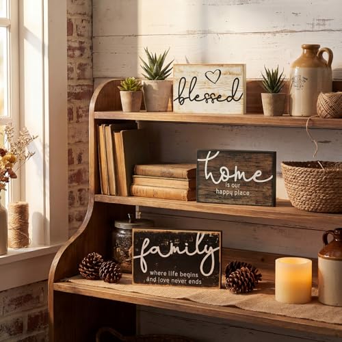 Jetec 3 Pcs Wooden Family Sign Rustic Blessed Home Wall Art Wood Wall Mini Decor Farmhouse Table Shelve Decoration Sign for Bedroom Kitchen Living Room Table Decor (Rustic Color,4.25 x 2.76 x 0.59 in) - color: Rustic Color, size: 4.25 x 2.76 x 0.59 in