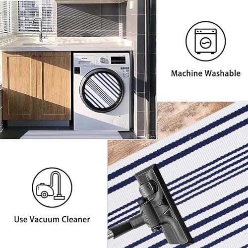 Blue and White Striped Outdoor Rug 24'' x 35'' Door Mat Outdoor Machine Washable Welcome Mats Cotton Hand-Woven Entryway Rug for Front Porch/Entryway/Laundry/Bathroom/Bedroom - color: Blue Striped, size: 2' x 3' (Rectangular)