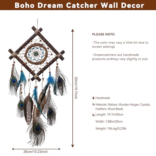 Rattan Dream Catchers with Peacock Feather, Boho Wall Decor Rustic Wooden Native American Wall Art for Bedroom Living Room (Blue Peacock) - color: Blue Peacock