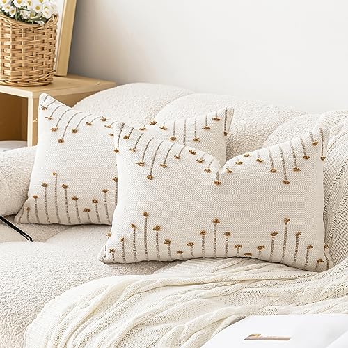 LILEPOY Boho Throw Pillow Covers 12x20 Set of 2 Neutral Decorative Textured Cushion Case Farmhouse Pillowcase Modern Lumbar Pillow Covers for Sofa,Couch, Living Room,Beige and Brown - color: Beige and Brown, size: 20" x 12" (Pack of 2)