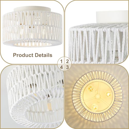 12.6" Rattan Flush Mount Ceiling Light Fixtures, 3-Light Boho Light Fixture Rattan Hand-Woven Chandelier Close to Ceiling Light Fixture for Bedroom Hallway Kitchen Dining Room Nursery(White) - color: 12.6”White