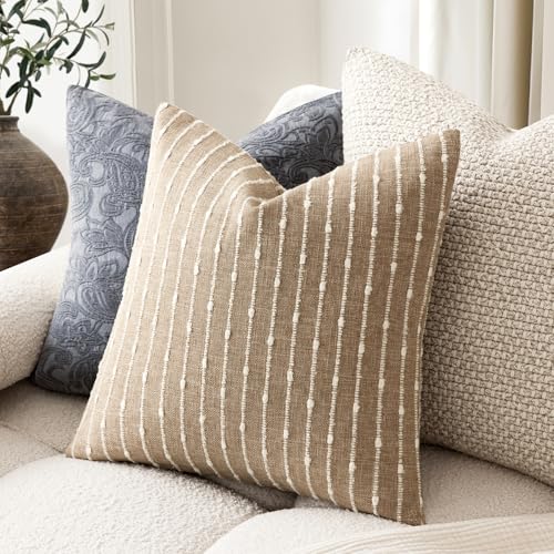 Foindtower Pack of 2 Decorative Jacquard Boucle Throw Pillow Covers Accent Textured Striped Pillowcases Cozy Modern Cushion for Couch Sofa Bedroom Living Room Home Decor 18x18 Inch Camel - color: Camel, size: 18" x 18" (Pack of 2)