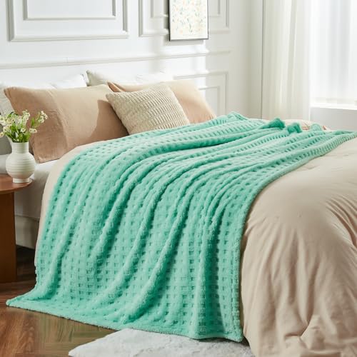 NEWCOSPLAY Super Soft King Blanket Aqua Premium Silky Flannel Fleece 3D Waffle Checkered Lightweight Bed Blanket All Season Use (Aqua, King(90"x110")) - color: Aqua, size: King(90"x110")