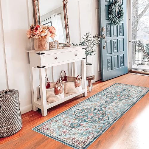 Pauwer Boho Hallway Runner Rug 2x6 Washable Entryway Area Rugs Non Slip Farmhouse Vintage Floor Mat Carpet Runner for Hallways Laundry Room Kitchen Bathroom Bedroom - color: Teal, size: 2' x 6' (Runner)