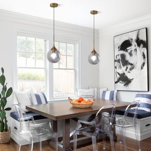 KCO Lighting Modern Gold Pendant Light 1-Light Large Globe Pendant Lights Set of Two Smoke Gray Glass Ball Pendant Light Fixture Dining Room Pendant Lamps Ceiling Hanging (2-Pack) - color: Gold+Smoke Gray-2PC