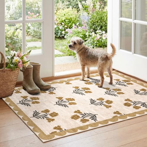 Floral Outdoor Rug - 28" x 43" Front Door Mat Indoor Outside Entrance Non-Slip Washable Outdoor Mat Beige Vintage Farmhouse Rug for Entryway Kitchen Bedroom Layered Doormat for Front Porch - color: Flower - Beige, size: 2'4" x 3'7" (Rectangular)