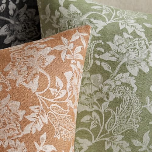 Floral Jacquard Throw Pillow Covers Set of 2, Background/Green 20x20 Inch, Farmhouse Decorative Cotton Sage Green Cushion Covers for Sofa Bed Living Room Home Decor - color: Background/Green, size: 20" x 20" (Pack of 2)