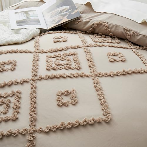 Oli Anderson Tufted Duvet Cover King Size, Soft and Lightweight Duvet Covers Set for All Seasons, 3 Pieces Boho Embroidery Shabby Chic Bedding Set (Khaki, King, 104"x90") - color: Khaki, size: King(104"×90")