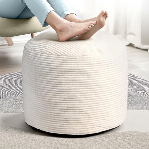 Dual-Size Corduroy Ottoman with Hidden Zipper – Ergonomic Memory Foam Footrest Poufs for Office Desks, Couches & Delicate Floors,Off-White 26"x 18" - color: Off-white, size: 26"D x 26"W x 18"H