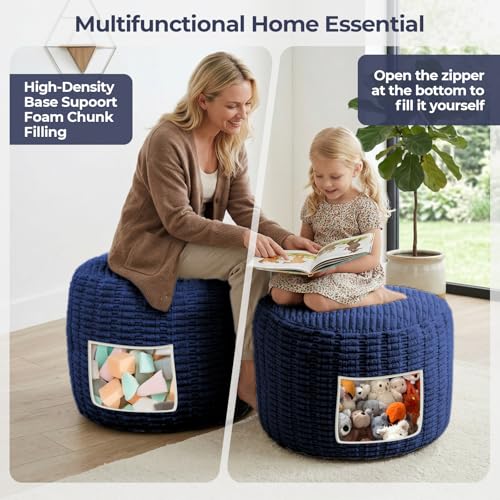 Large Round Pouf Ottoman Stuffed Corduroy Poufs Foot Rest with Foam Filling Fluffy Pouf Storage Ottoman Relax Stool for Living Room Couch 26 X 18 Inches, Blue - color: Blue, size: 26"D x 26"W x 18"H