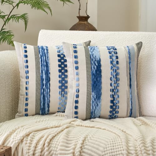 Aeckself Boho Throw Pillow Covers 18x18 Inch Set of 2, Farmhouse Decorative Striped Square Pillow Covers Chenille Tufted Pillow Cases Accent Neutral Pillowcase for Living Room Couch Bed, Sky Blue - color: Sky Blue
