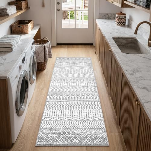 Hallway Runner Rug 2x6, Ultra Soft Ivory Gray Moroccan Distressed Kitchen Runner Rug with Rubber Backing, Washable Low-Pile Boho Runner Rugs for Bedroom Bathroom Laundry Room - color: Ivory / Gray, size: 2' x 6' (Runner)