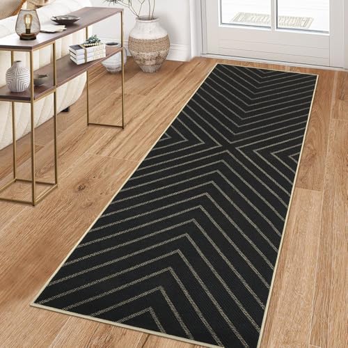 Garvee Easy Jute Rug 2x6 Runner Rug, Hallway Runner Stain Resistant Low Pile Thin Non Shedding Pet Friendly Carpet for Entrance Kithchen Bathroom Porch Striped Minimalism Area Rug 2'x6' Black - color: Striped|black, size: 2' x 6' (Runner)