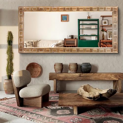 POZINO Full Length Mirror with Solid Wood Frame, 65"x30" Large Rustic Wall Mirror, Farmhouse Rectangle Accent Mirror for Entryway, Hallway, Dressing, Living Room, Bedroom, Horizontal or Vertical - color: Natural Wood, size: 65"Lx30"W