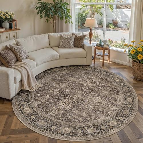 HUGEAR Brown Washable 6x6 Round Area Rugs for Living Room Bedroom Vintage Distressed Neutral Rug Carpet Durable Soft Non Slip & Shedding Stain Resistant Low Pile Indoor Home Decor - color: Retro | Brown, size: 6' (Round)