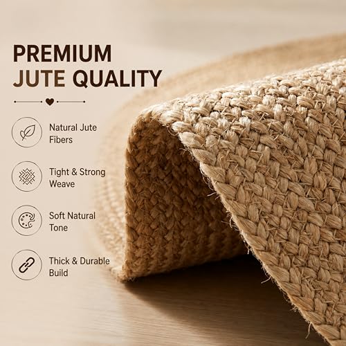 Jute Braided Area Rug, Natural - 4 Feet Round, Boho Neutral Rattan Circle Hand Woven Rugs for Living Room, Bedroom, Nursery, Kitchen, Indoor Use | Farmhouse Rustic Patio Floor Mat for Home Décor - color: Natural, size: 4' (Round)