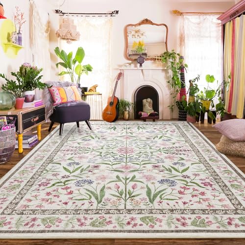 Amearea 8x10 Area Rugs for Living Room, Washable Area Rugs 8 x 10 Pink Floral Rug, Vintage Low Pile Cute Kids Girls Room Print Carpet, Non Slip Office Nursery Bedroom Dining Room Farmhouse Decor - color: Pink, size: 8x10 Feet
