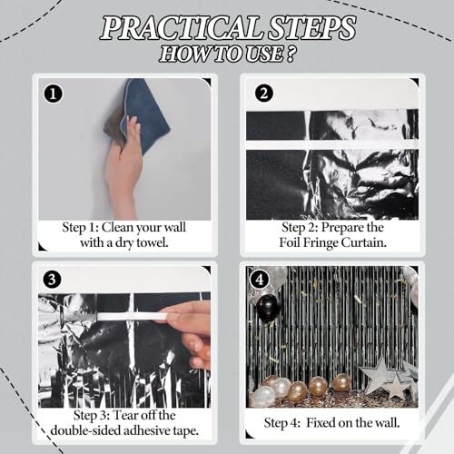 DECOCKRAT 3 Pack Foil Fringe Backdrop - Laser Black Shiny Tinsel Curtains for Party Decoration/Photo Booth Props - 3.3x8.2 FT Metallic Foil Backdrop for Birthday, Wedding, Graduation, Christmas. - color: Laser Black
