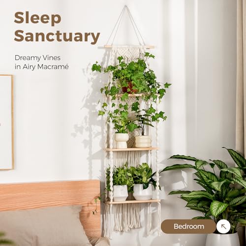 Bamworld Plant Wall Shelf Boho Plant Stand Window Plant Shelf 3 Tier Macrame Plant Hangers Boho Room Decor Hanging Shelf for Bedroom, Living Room, Balcony - size: 3Tier
