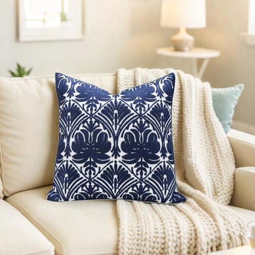 Slow Cow Embroidered Blue Throw Pillow Cover Geometric Decorative Cushion Covers for Sofa 18 x18 Inches - color: Navy Rose, size: 18" x 18" (Pack of 1)