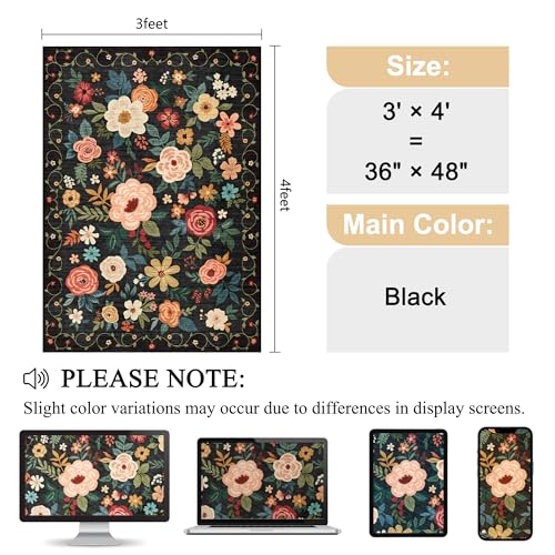 DUKINO 3x4 Area Rug, Lightweight Non Slip Washable Floral Rug, Indoor Low Pile & Non-Shedding Boho Design Carpets for Bedroom, Kitchen, Dining Room, Black - color: Black, size: 3' x 4' (Rectangular)