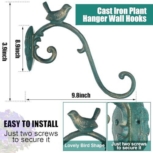 Moxweyeni 2 Pcs Cast Iron Plant Hangers Outdoor 10" Heavy Duty Hanging Basket Brackets Lovely Bird Shape Decorative Wall Hangers for Flower Pots Bird Feeder Wind Chime Lantern(Golden Green) - color: Golden Green