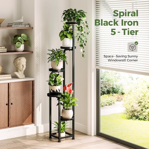 Bamworld Tall Plant Stand Indoor Outdoor, Corner Metal Flower Pot Stands for Multiple Plants, 5 Tier Heavy Duty Plant Shelf for Patio Garden Balcony Living Room Bedroom - color: Matte Black, style: Spiral 5Tier