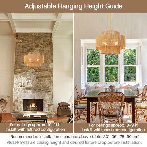 24'' Boho Rattan Chandelier, 4-Light Hand-Woven Wicker Pendant Lamp, Rustic Modern Ceiling Light Fixture for Dining Room, Kitchen Island, Living Room, Bedroom, Foyer, Entryway, Over Table - color: Brown A