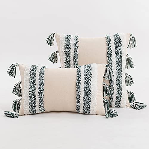 Boho Lumbar Throw Pillow Cover Tufted Woven Decorative Pillowcase with Tassel Rectangle Farmhouse Stripe Cushion Cover for Sofa Bed Living Room (Green,12x20 Inch) - color: Green, size: 20" x 12" (Pack of 1)