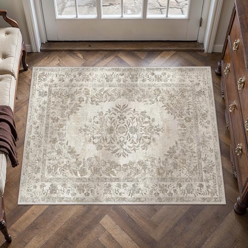 PureCozy 2x3 Area Rug Beige Washable Entryway Door Mat Indoor Vintage Medallion Floral Carpet Kitchen Bathroom Distressed Entrance Retro Small Non Slip Accent Throw Bedroom Office Dining Living Room - color: Vintage Beige/Cream, size: 2' x 3' (Rectangular