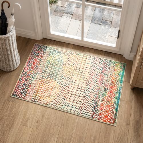 Moroccan Small Rug for Bedroom, 2x3 Colorful Rug Non-Slip Washable Indoor Door Mat, Soft Low-Pile Distressed Kitchen Mat Floor Carpets for Bedside Kitchen Entryway Bathroom - color: Multi Color, size: 2' x 3' (Rectangular)