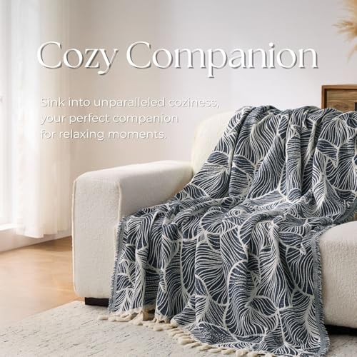 DOWN HOME Chenille Cotton Throw Blanket for Couch, Lightweight Boho Blanket for Bed Sofa Chair Living Room Outdoor Soft Woven Decorative Blanket with Tassel Gift Navy Leaves 55"x60" - color: Navy, size: 55"x60"