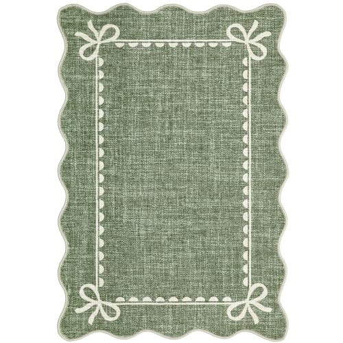 GarveeHome Scalloped Bow Rug for Kitchen Floor, Solid Green Rug for Dorm, Washable Entryway Rugs 2x3 Soft Low Pile Non Slip Scalloped Rugs for Nursery Bedroom Decor Hallway - color: Green, size: 2' x 3' (Rectangular)