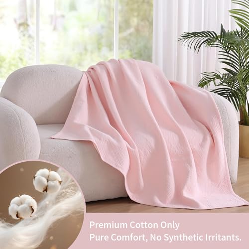 Premium 100% Cotton Blanket – All-Season Soft Breathable Bed Blanket for Throw Size – Lightweight Stylish Textured Throw for Bed– Giftable Cozy Bedding - color: Pink, size: Throw (50"x60")
