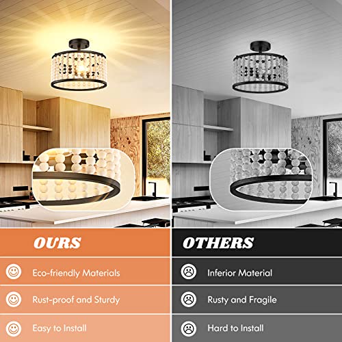 Farmhouse Boho Light Fixture - Wood Beaded Chandelier, Rustic Semi Flush Mount Ceiling Light, Black 2-Light Nursery Light Fixture for Kitchen Island Foyer Hallway Bedroom Living Room, E26 Base - color: Black Chandelier