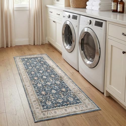 jinchan 2x6 Washable Vintage Runner Rug, Distressed Traditional Floral Kitchen Runner, Soft Low-Pile Non-Slip Floor Mat High-Traffic Aisle Hallway Rug for Entryway Laundry Room Bathroom, Blue - color: Oriental Beige on Dark Blue, size: 2' x 6' (Runner)