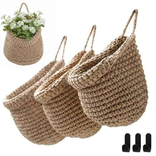 Honeydak Boho Decor Hanging Wall Baskets for Kitchen 3 Pack Teardrop Baskets with Hooks Storage Fruit Onion Vegetable Potato for Home 3 Sizes(Light Linen,Barrel,Cotton Rope) - color: Linen, size: Cotton Rope, style: Barrel