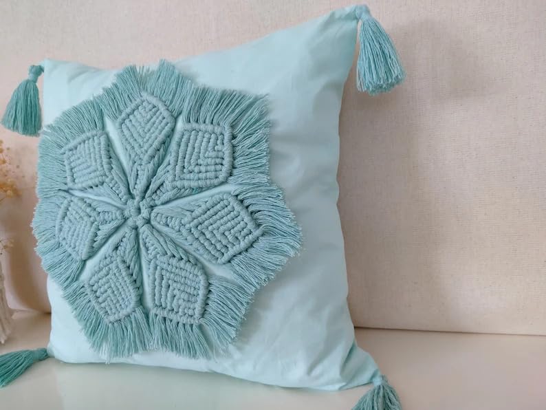 Boho Macrame Floral Throw Pillow Cover with Corner Tassels, Light Turquoise Hand Knitted Fringe Decorative Square Cushion Case for Sofa Couch Bedroom Home Decor, 18x18 Inch (Pillow Insert Not Included