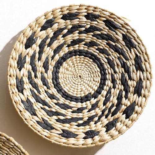 homeemoh Boho Round Hand Woven Wall Basket Decor, Seagrass Rattan Wicker Farmhouse Hanging Baskets Flat Wall Art for Kitchen Living Room Bedroom, 1 Pcs 11.81" - color: Style3( 11.81")
