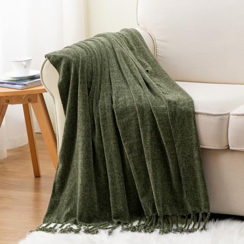 BATTILO HOME Olive Green Chenille Throw Blanket for Couch, Soft Cozy Textured Knit Throw Blanket with Handmade Fringe Tassels, Lightweight Decorative Farmhouse Blanket for Sofa Bed Chair, 50"x60" - color: Olive Green